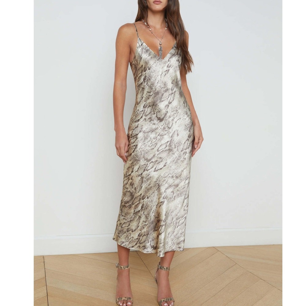 L'AGENCE Seridie Silk Slip Dress Neutral Snake Print V-Neck Maxi Sz 14